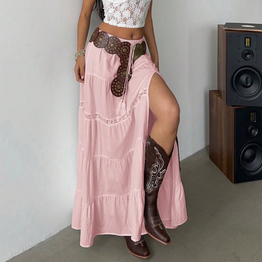 Boho Stretchy Waist lace Insert Split Thigh Maxi Skirt - Picture 2 of 8